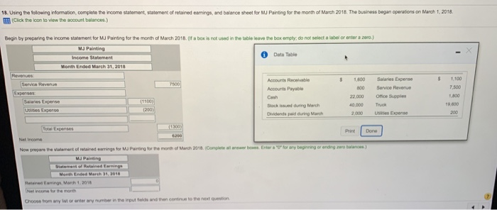  18. Using the fellowing information, complehe the income statement, statement of