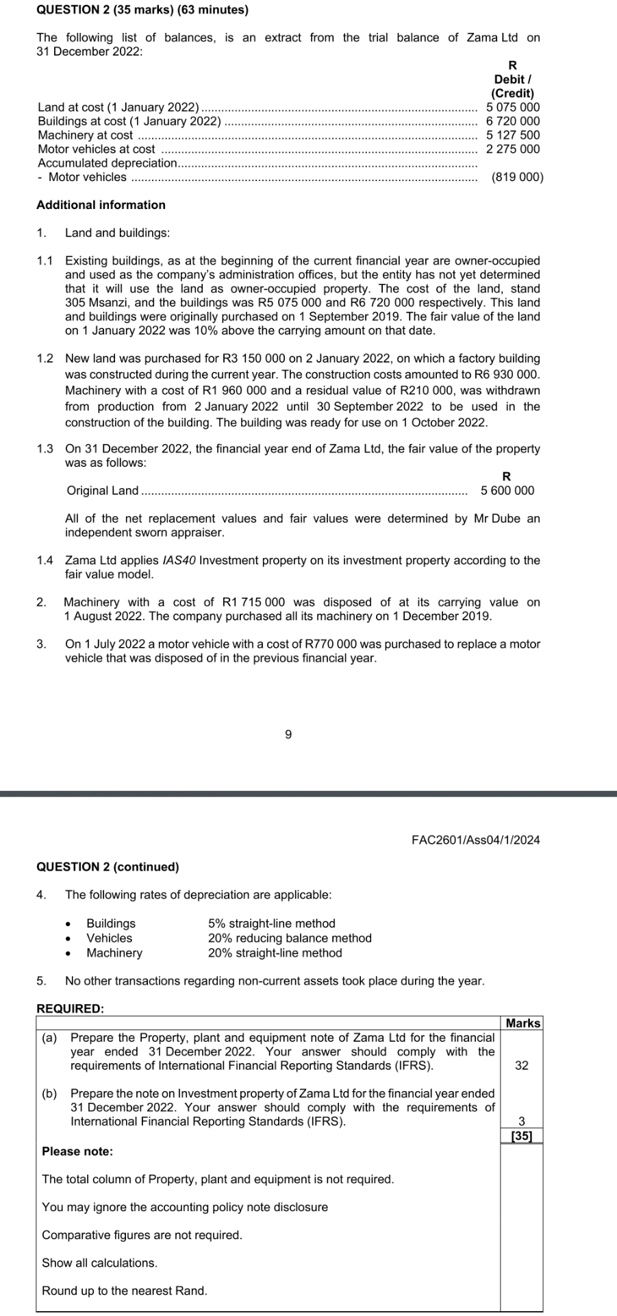  QUESTION 2(35 marks)(63 minutes) The following list of balances, is an