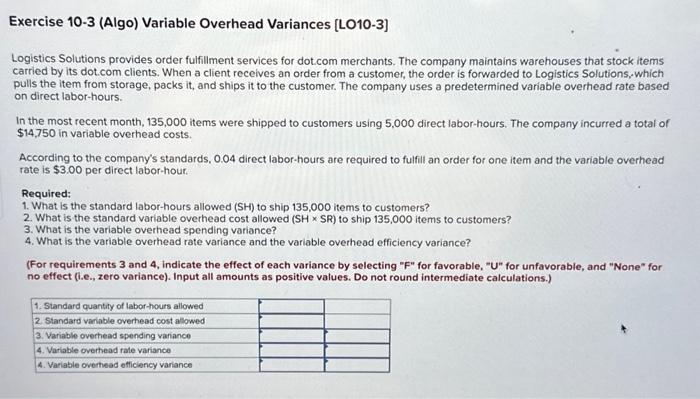  Exercise 10-3 (Algo) Variable Overhead Variances [LO10-3] Logistics Solutions provides order