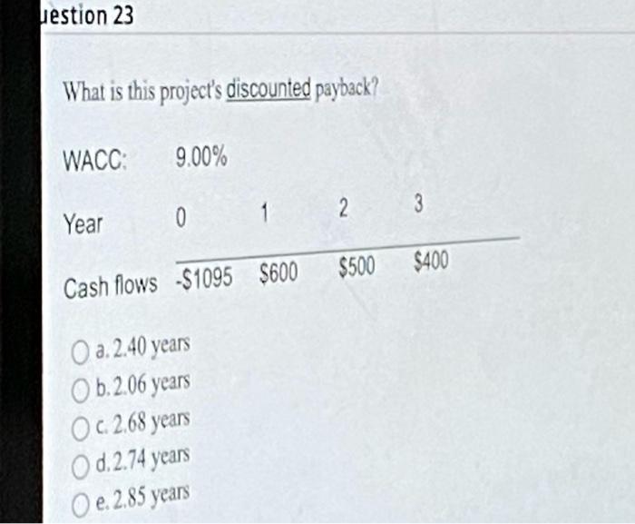  What is this project's discounted payback? a. 2.40 years b. 2.06