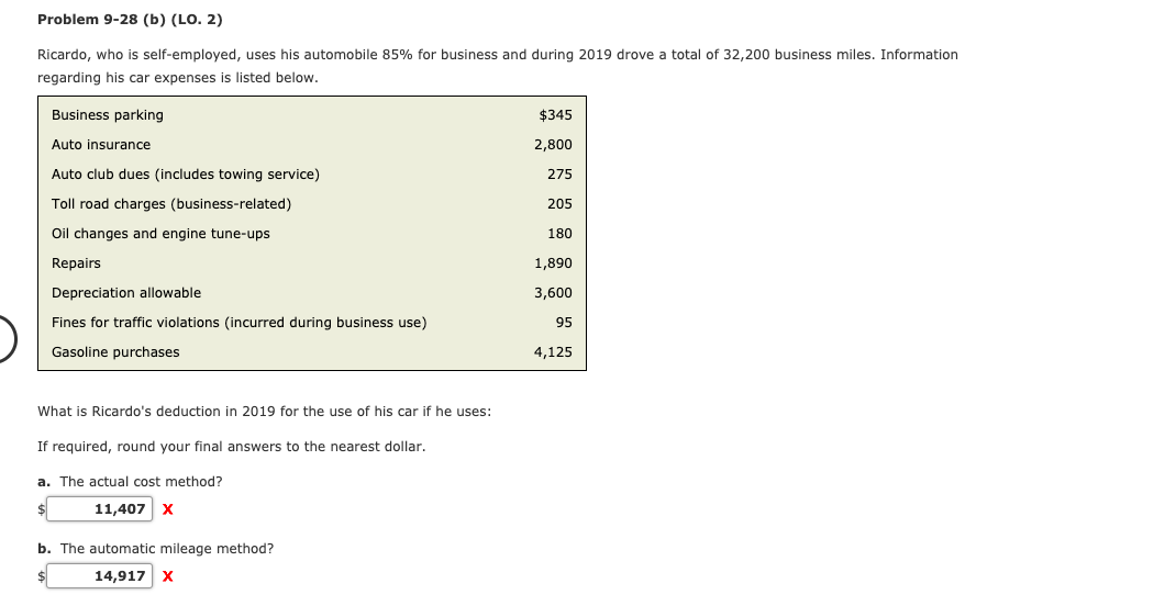 Problem 9-28 (b) (LO. 2) Ricardo, who is self-employed, uses his