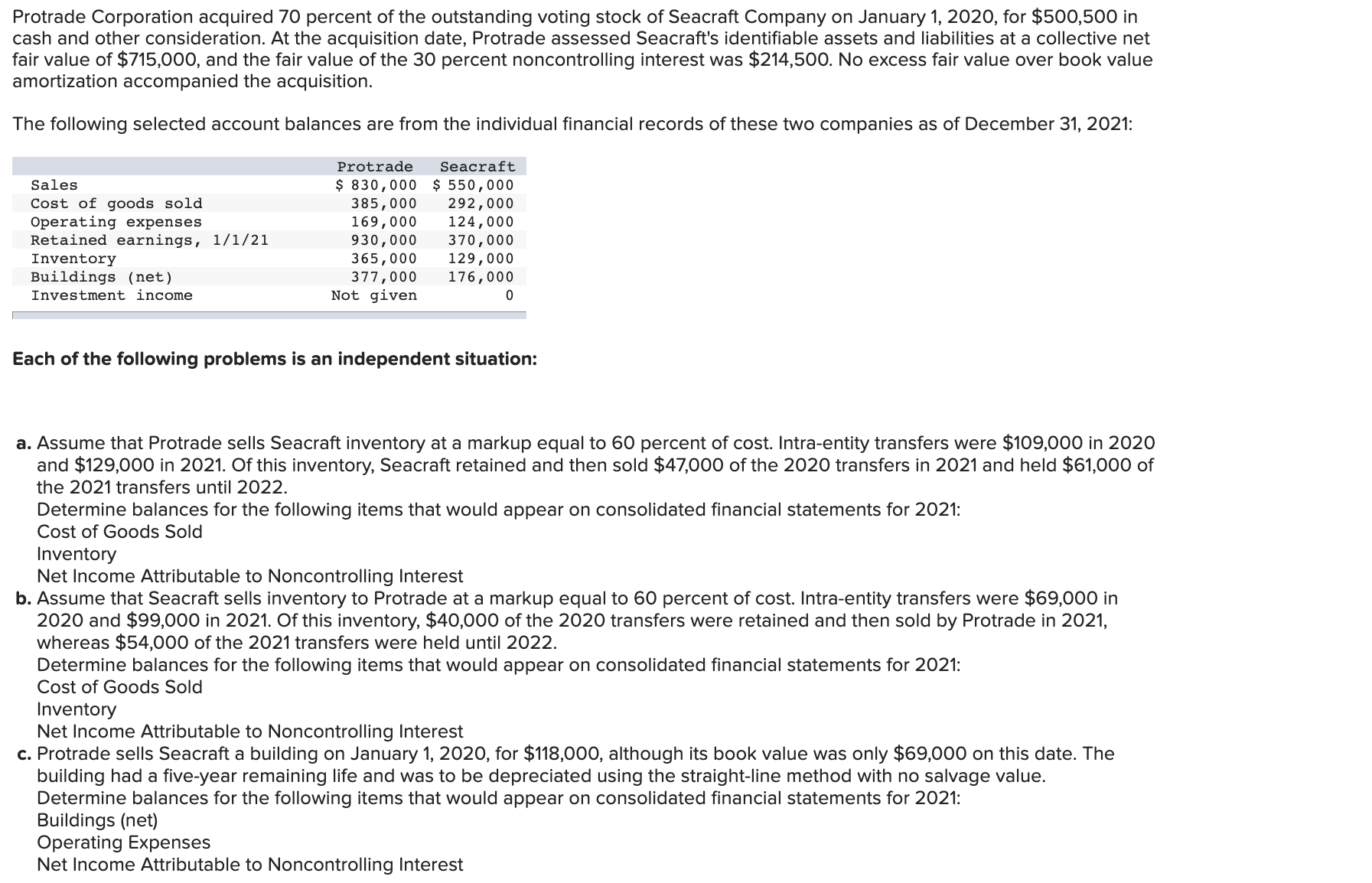 Please answer correctly, previous answer was wrong. Protrade Corporation acquired 70 percent