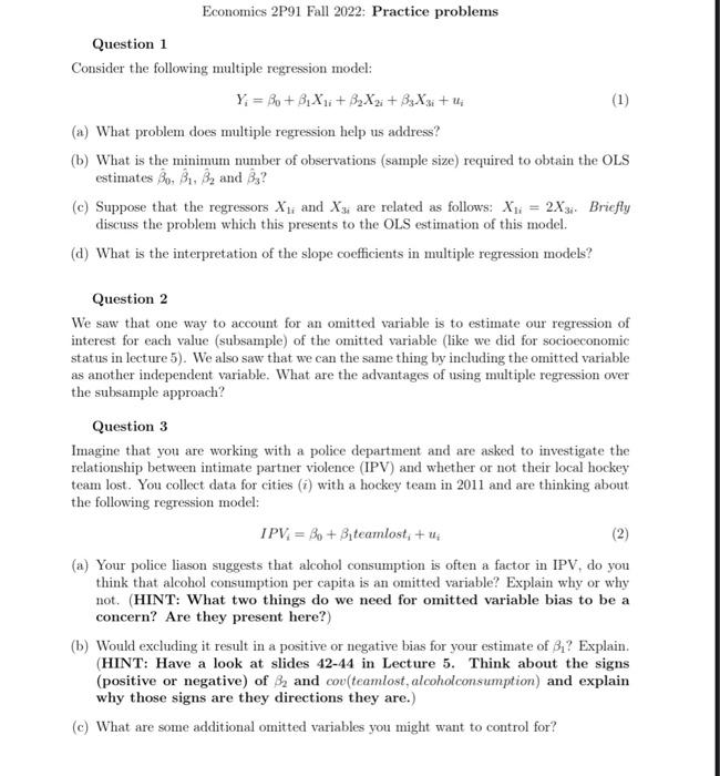  Economics 2P91 Fall 2022: Practice problems Question 1 Consider the following