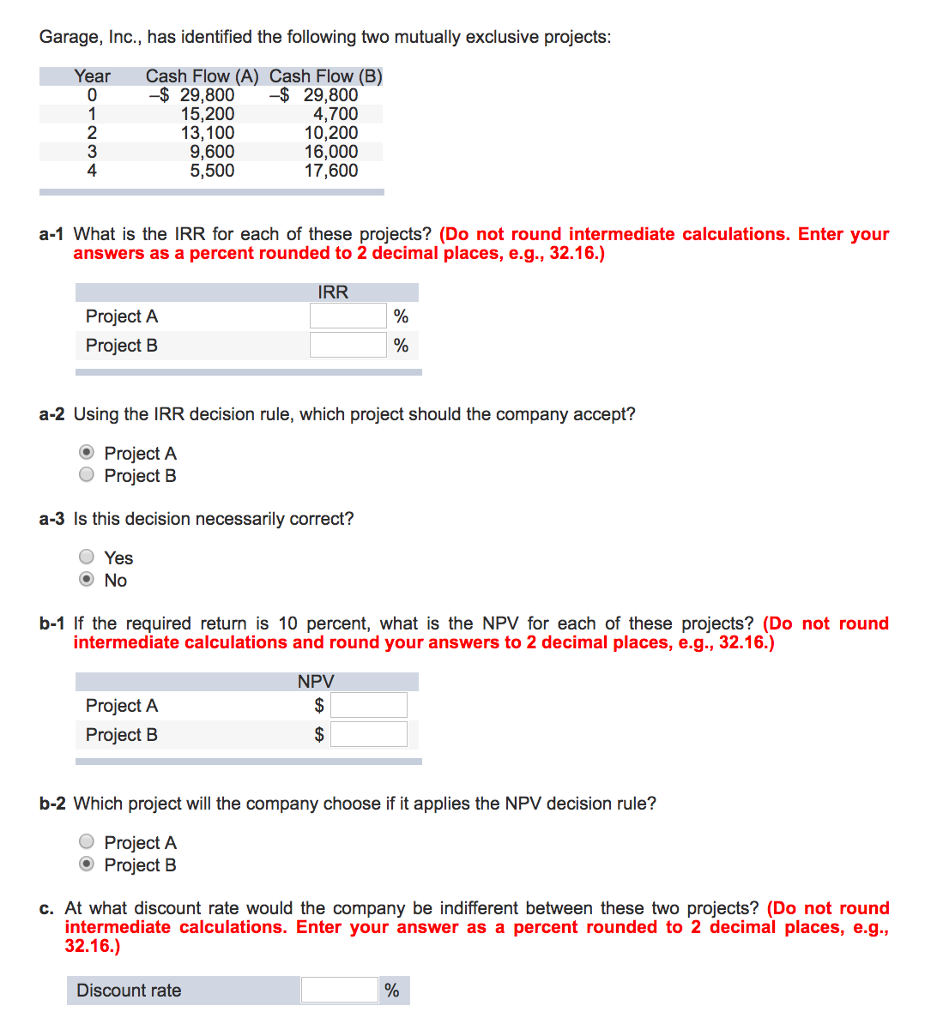 Garage, Inc., has identified the following two mutually exclusive projects YearCash