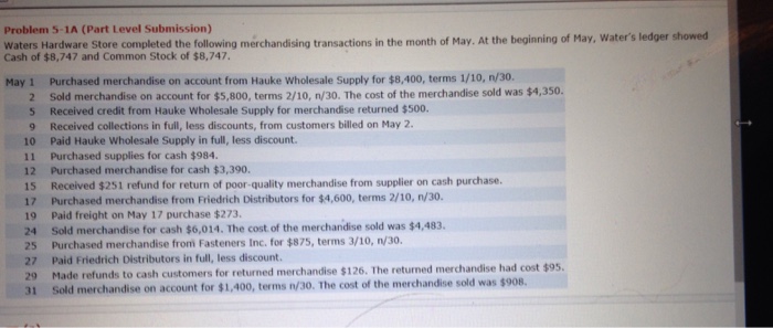  Problem 5-1A (Part Level Submission) Waters Hardware Store completed the following