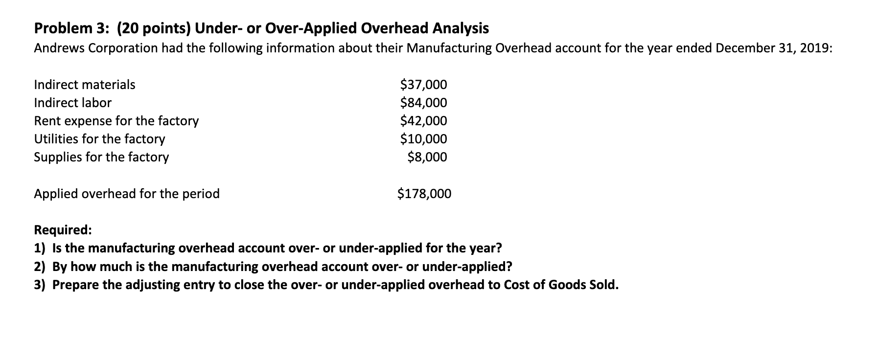 Problem 3: (20 points) Under- or Over-Applied Overhead Analysis Andrews Corporation