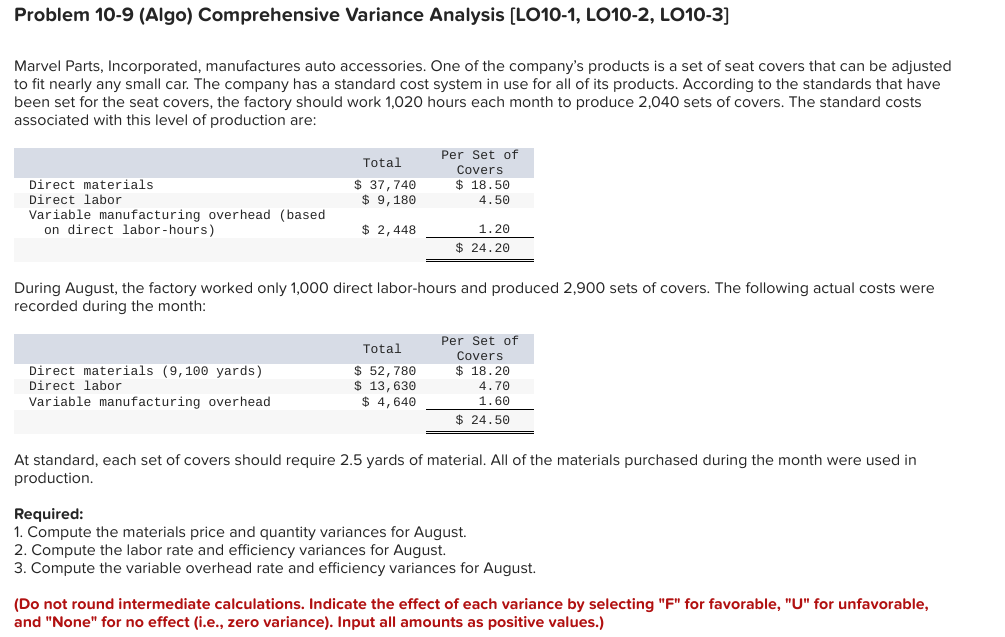  Problem 10-9 (Algo) Comprehensive Variance Analysis [LO10-1, LO10-2, LO10-3] Marvel Parts,