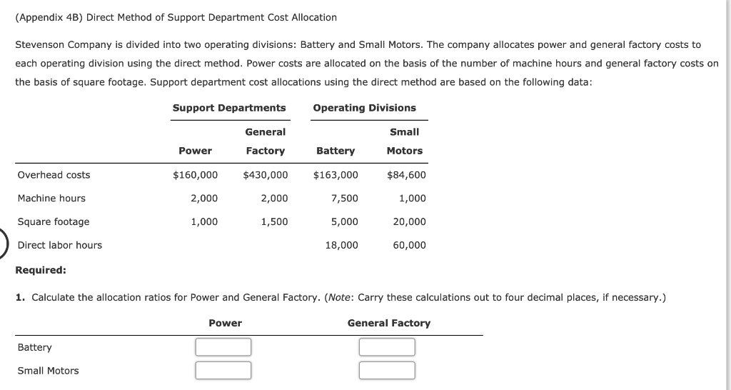  (Appendix 4B) Direct Method of Support Department Cost Allocation Stevenson Company