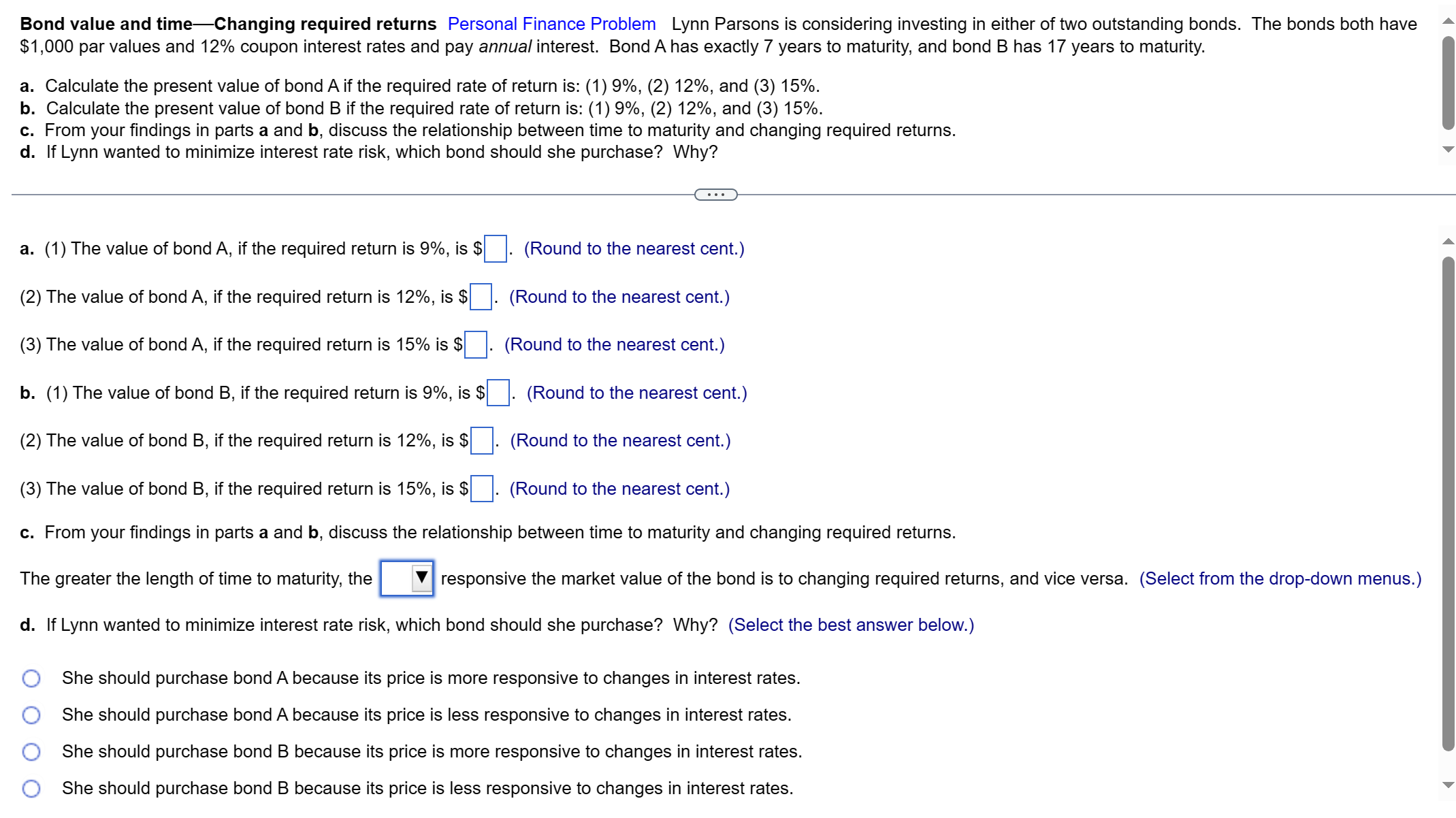 Bond value and time-Changing required returns Personal Finance Problem Lynn Parsons