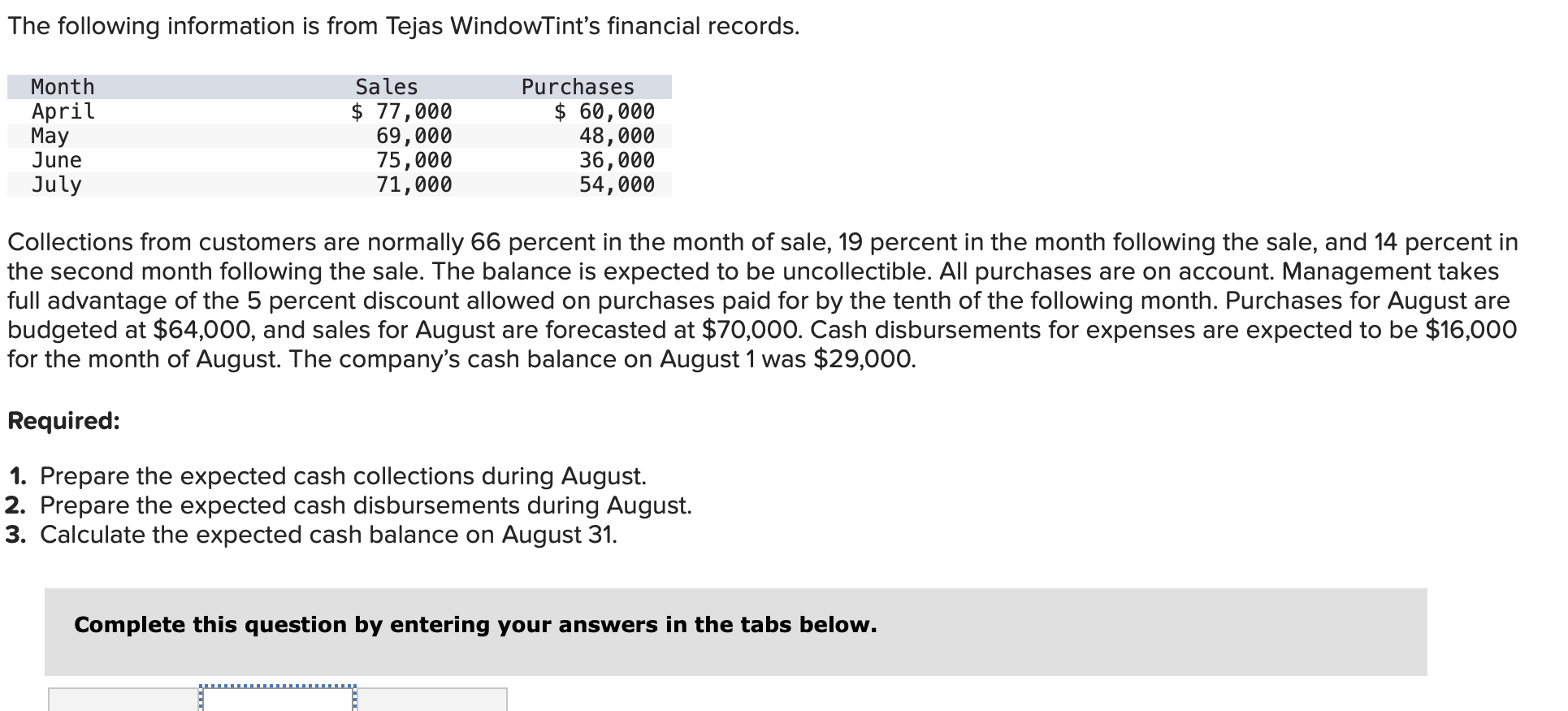 1. Prepare the expected cash collections during August. 2. Prepare the
