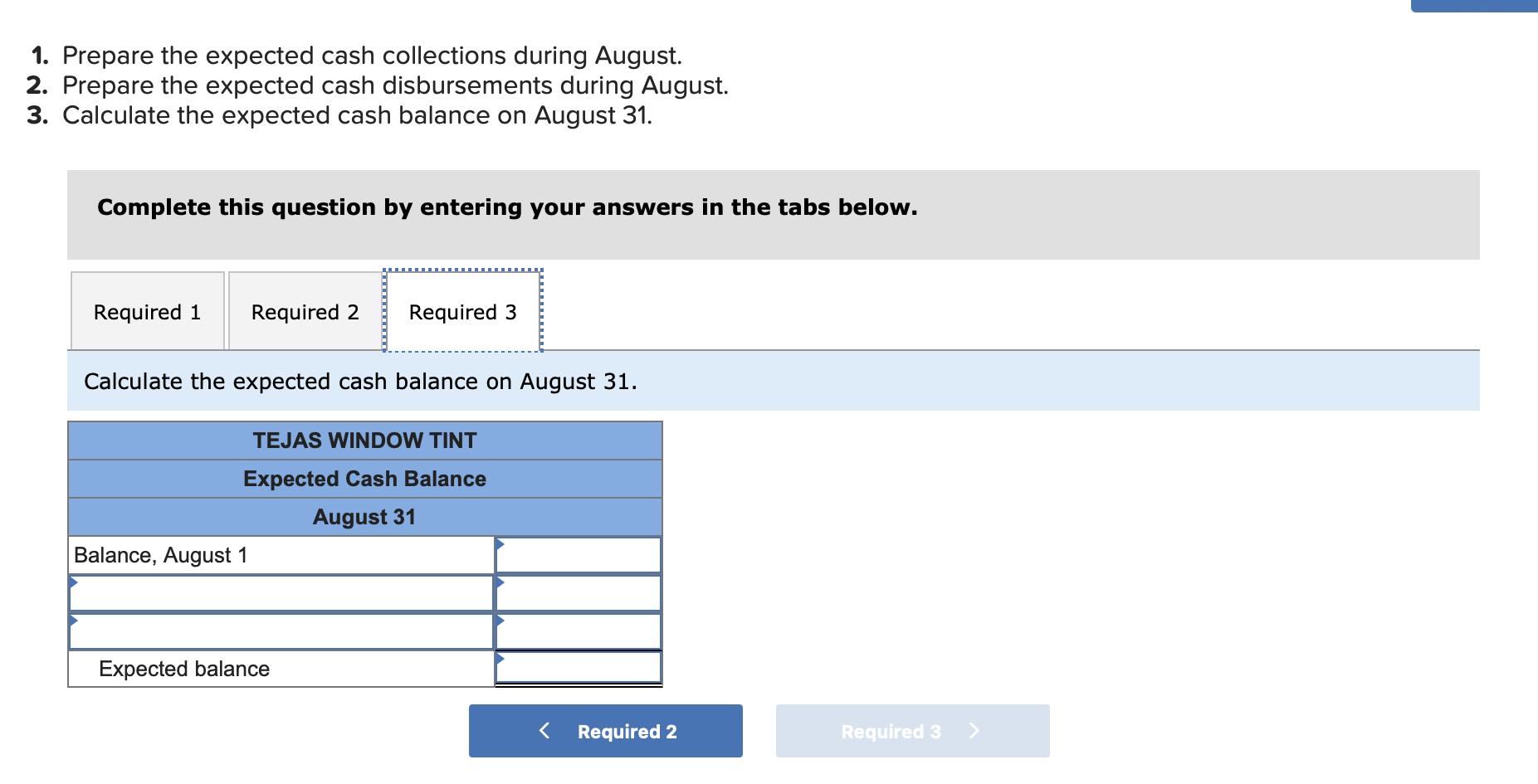 below. Prepare the expected cash disbursements during August. Complete this question by