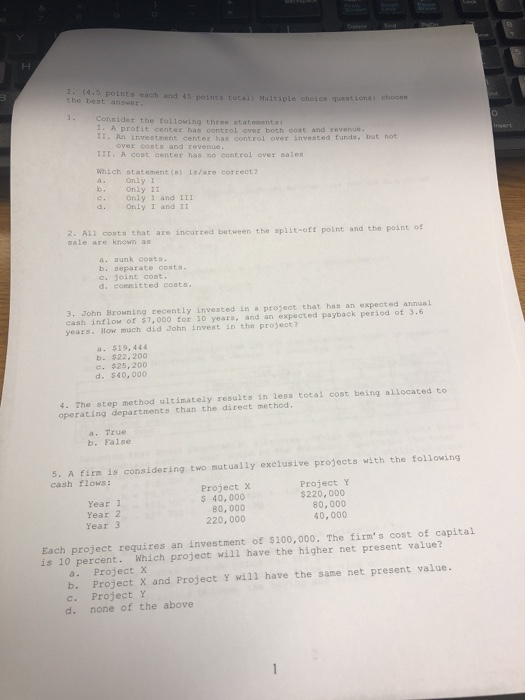  I. (4.5 polnts each and is points total) multiple choice the