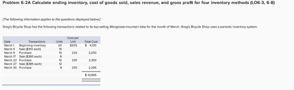  Problem 6-2A Part 2 2. Using FIFO, calculate ending inventory and