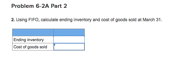 cost of goods sold at March 31 Ending inventory Cost of goods