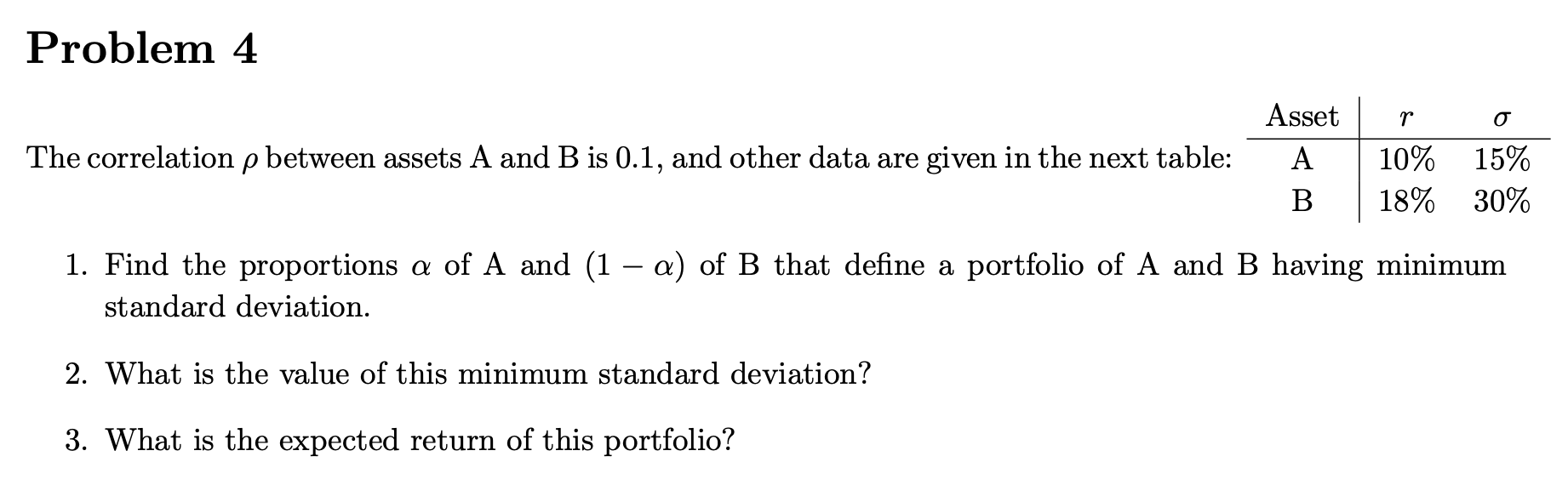  Problem 4 Asset The correlation p between assets A and B