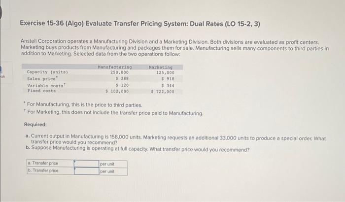  Exercise 15-36 (Algo) Evaluate Transfer Pricing System: Dual Rates (LO 15-2,