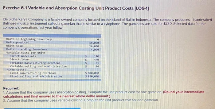  Exercise 6-1 Variable and Absorption Costing Unit Product Costs [LO6-1) Ida