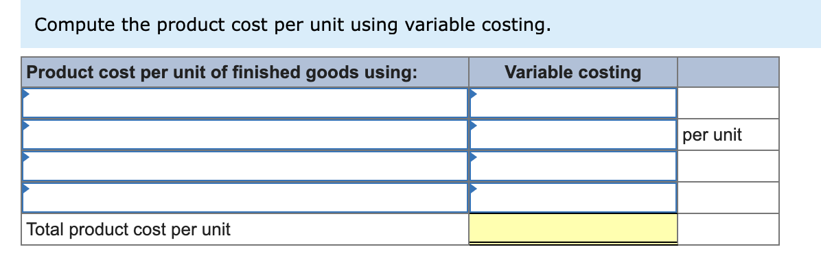  Compute the product cost per unit using variable costing. Determine the