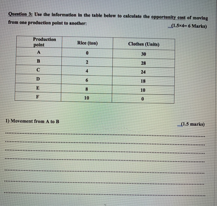  Question 3: Use the information in the table below to calculate