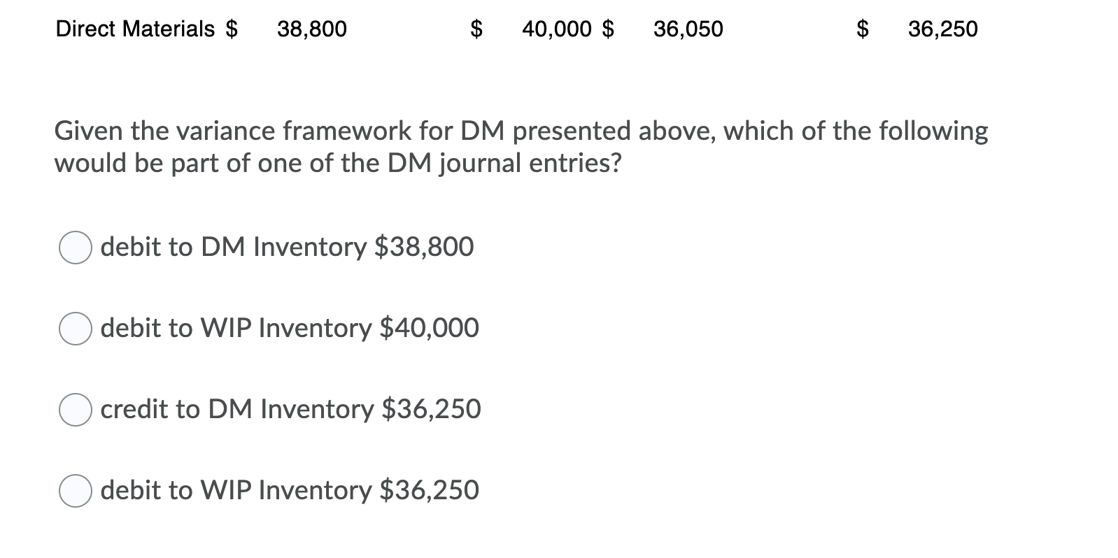 Direct Materials $ 38,800 $ 40,000 $ 36,050 36,250 Given the