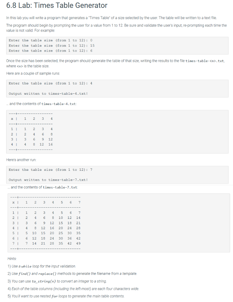 Use the Following example and hints! This is C++ 6.8 Lab: Times