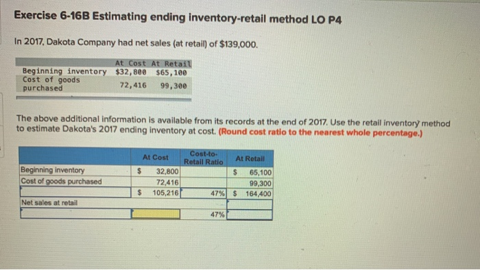  Exercise 6-16B Estimating ending inventory-retail method LO P4 In 2017, Dakota
