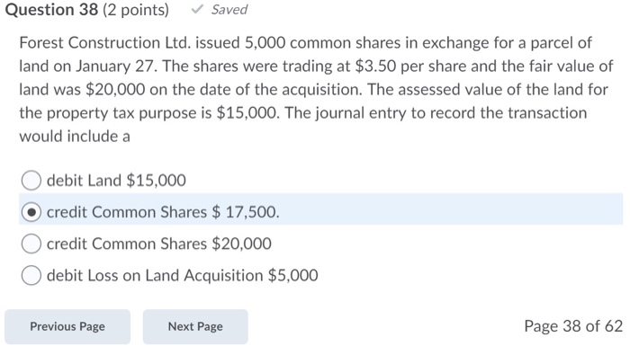  Question 38 (2 points) Saved Forest Construction Ltd. issued 5,000 common