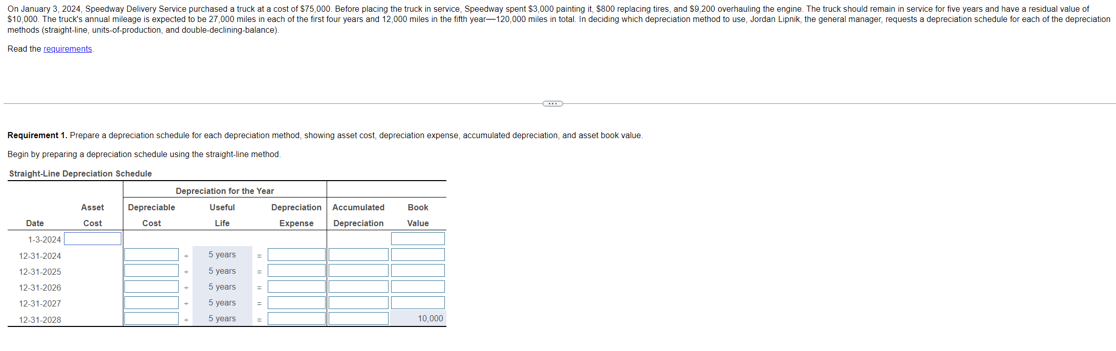 methods (straight-line, units-of-production, and double-declining-balance). Read the requirements. Requirement 1. Prepare