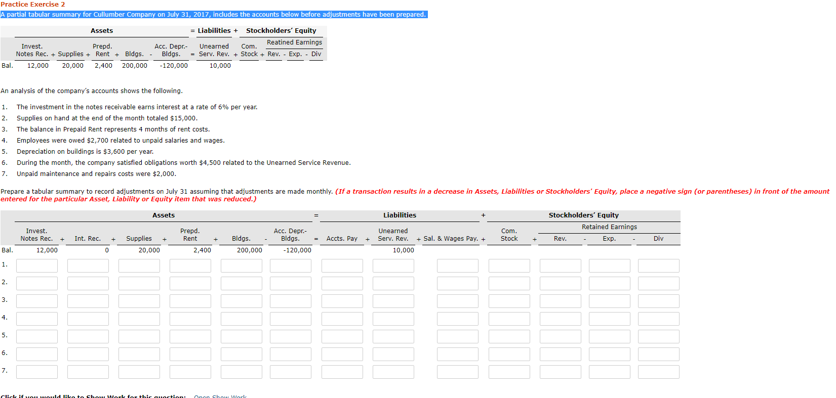 Practice Exercise 2 A partial tabular summary for Cullumber Company on
