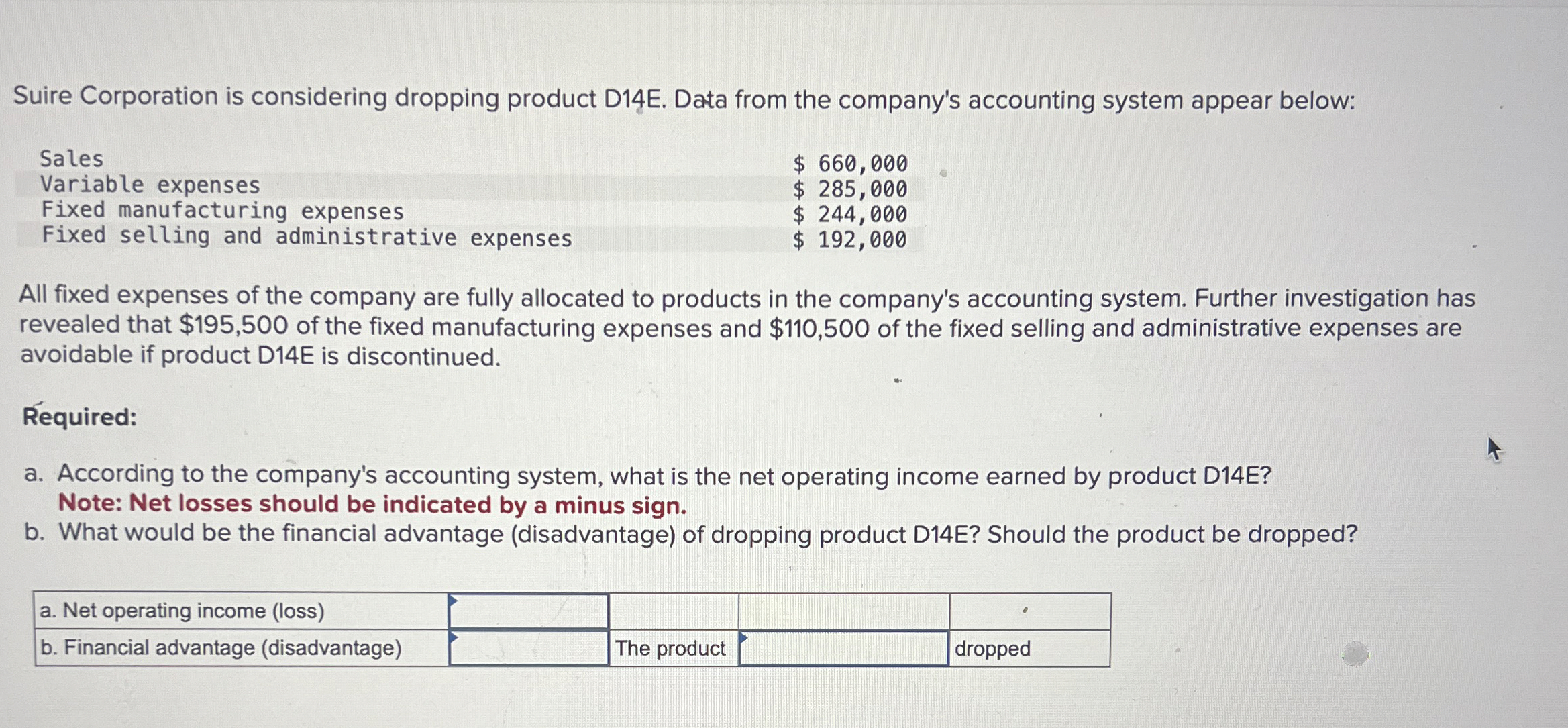  Suire Corporation is considering dropping product D14E. Data from the company's