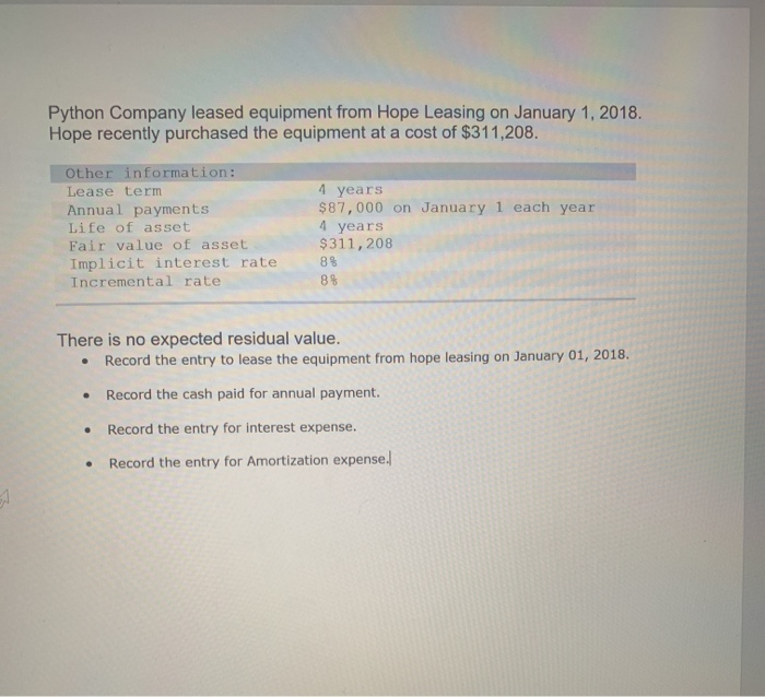  Python Company leased equipment from Hope Leasing on January 1, 2018.