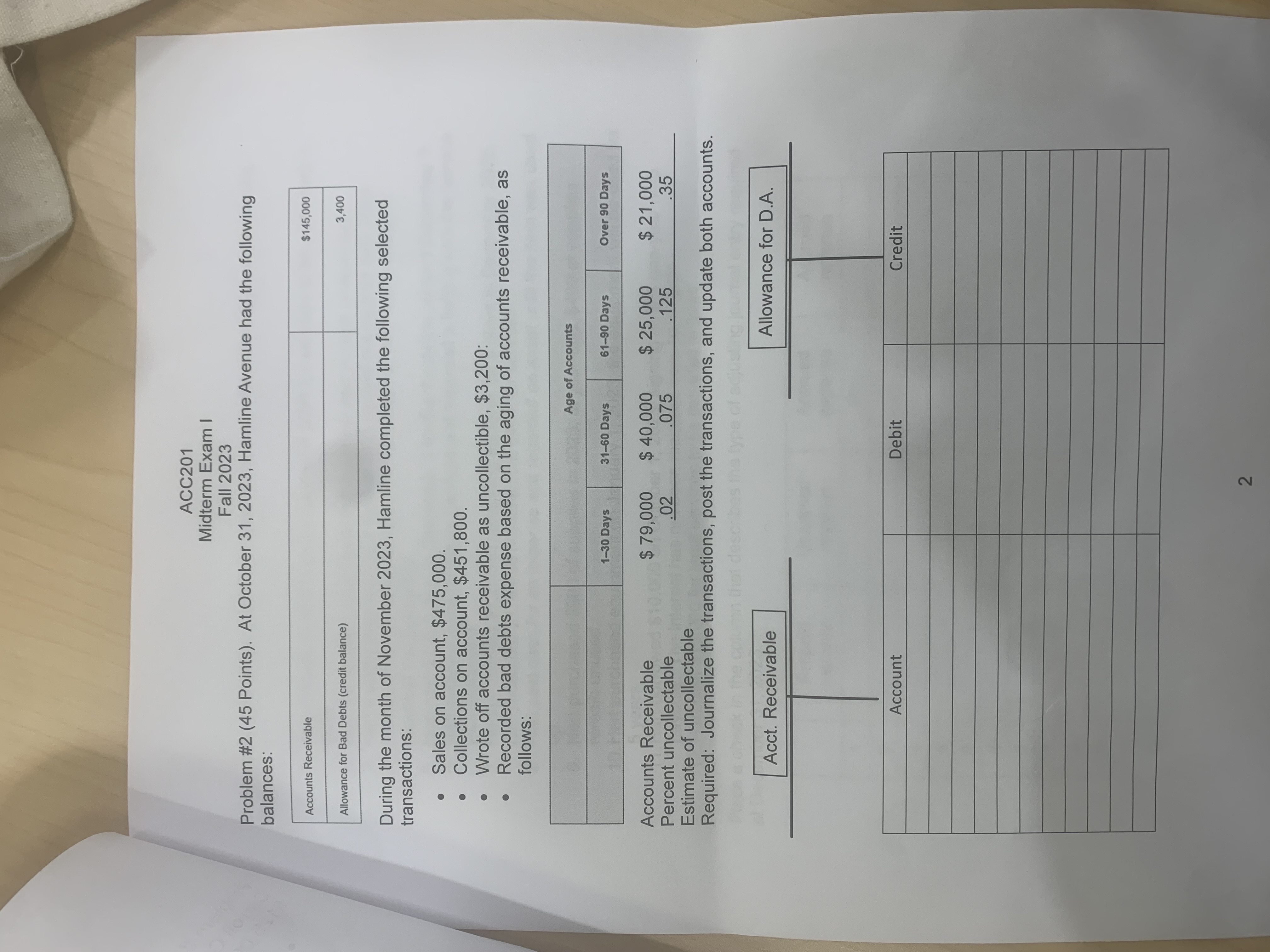 ACC201 Midterm Exam I Fall 2023 Problem \#2 (45 Points). At