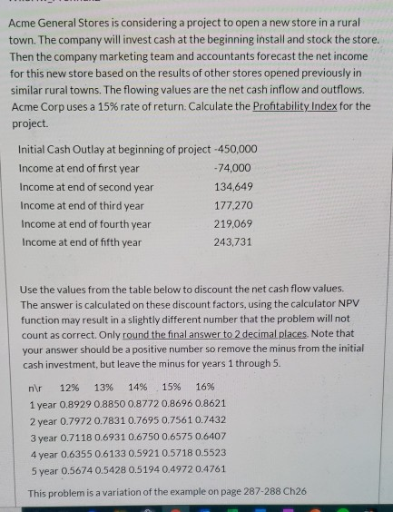 Acme General Stores is considering a project to open a new