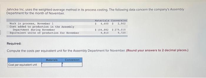  Jahncke Inc, uses the weighted-average method in its process costing. The
