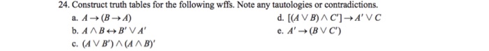  24. Construct truth tables for the following wffs. Note any tautologies