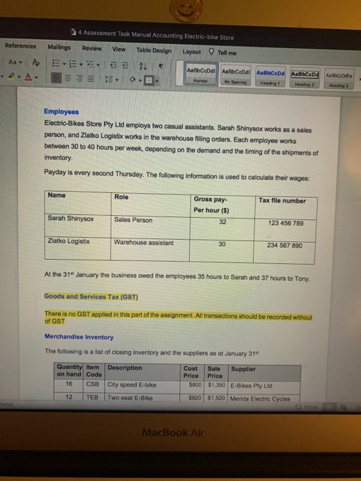 accounts in the excel document in the CANVAS shell Electric-Bike store Pty