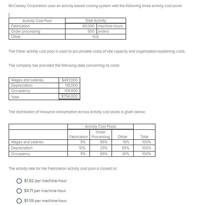 Answer this question about McCaskey Corporation: McCaskey Corporation uses an activity-based costing