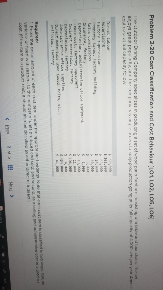  Problem 2-20 Cost Classification and Cost Behaviour (LO1, LO2, LO5, LO6]