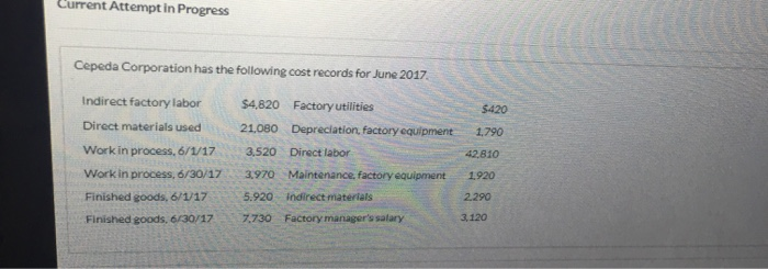 chapter 14 Current Attempt in Progress Cepeda Corporation has the following cost