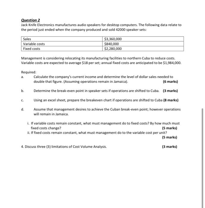  Question 2 Jack Knife Electronics manufactures audio speakers for desktop computers.