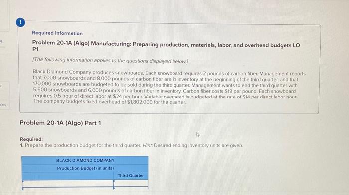 Help Please Required informotion Problem 20-1A (Algo) Manufacturing: Preparing production, materials, labor,