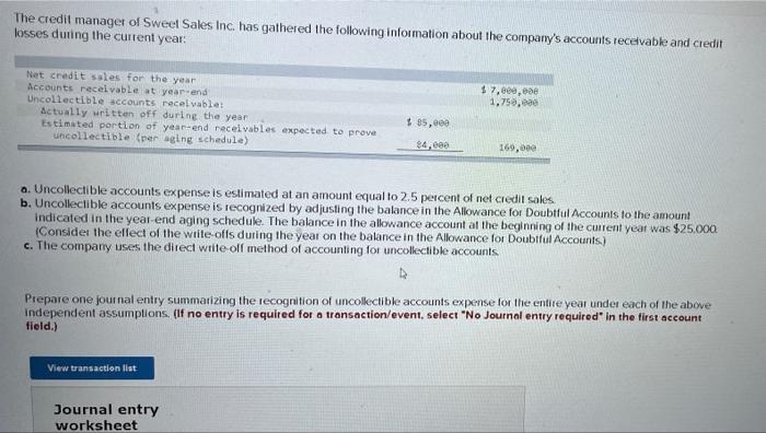  The credit manager of Sweet Sales Inc. has gathered the following