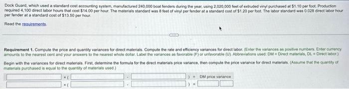 formulas. irect labor. (Enter the (U). Abbreviations he price variance for Dock