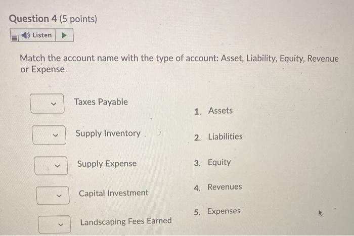 Assets Accumulated Depreciation 2. Liabilities Sales > 3. Equity Utilities 4. Revenues
