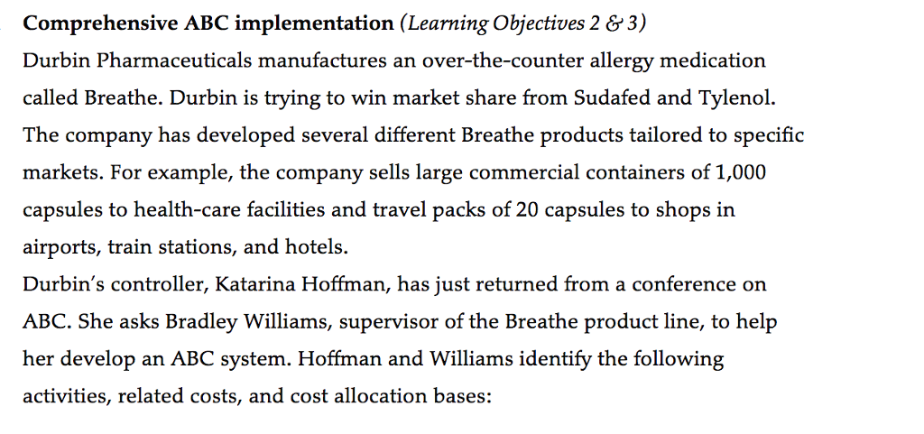 Comprehensive ABC implementation (Learning Objectives 2 &3) Durbin Pharmaceuticals manufactures an