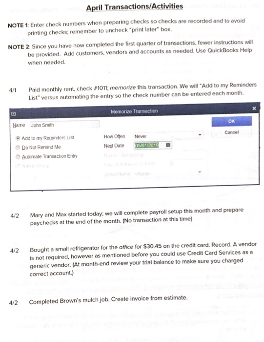 quickbooks dm yard services April Transactions/Activities NOTE 1 Enter check numbers when
