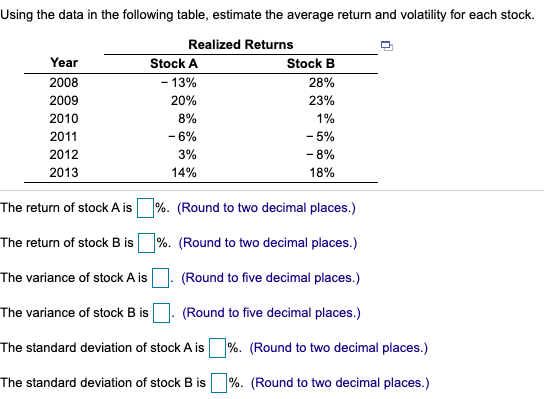  Using the data in the following table, estimate the average return