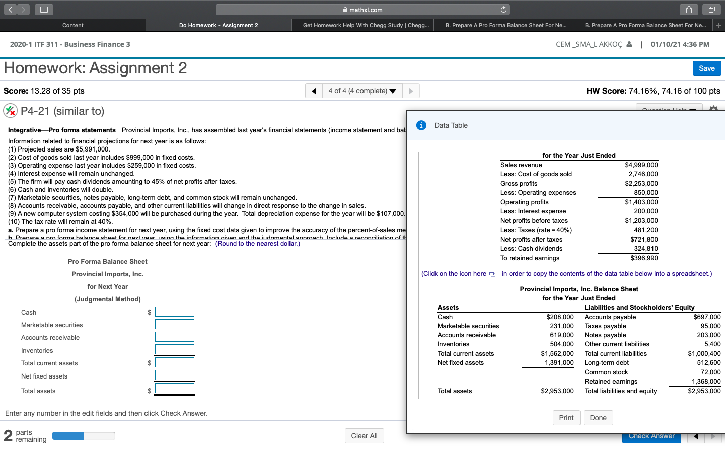 b. Prepare a pro forma balance sheet for next year, using the