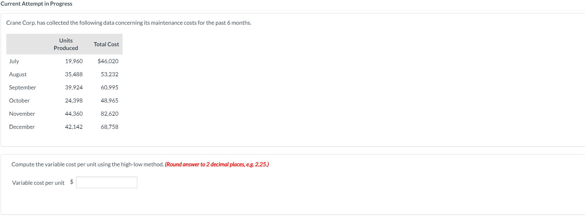 Current Attempt in Progress Crane Corp. has collected the following data