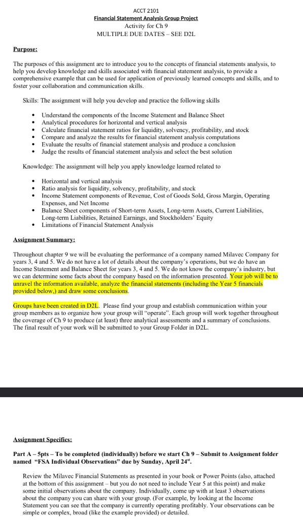ACCT 2101 Financial Statement Analysis Group Project Activity for Ch 9